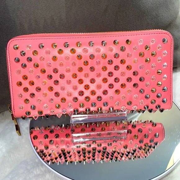 Christian Louboutin Pink Panettone Calfskin Leather Zip Around Wallet w/Studs